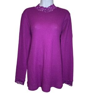 LOGO Lori Goldstein Mock Neck‎ Top Sz L Purple Waffle Knit Lace Trim Oversized